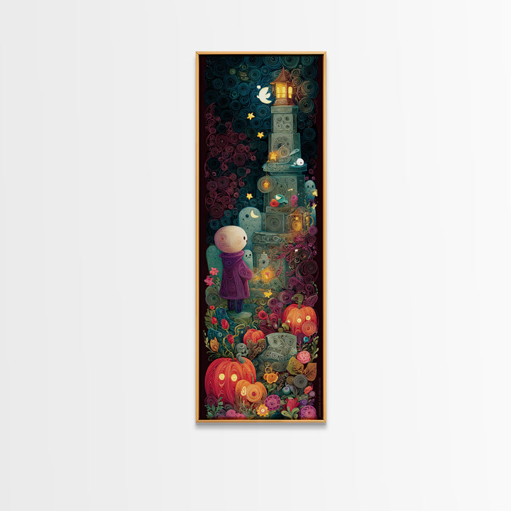 The Grave Gardener Of Yuggoth, Quilled Halloween Art, Tall Narrow Wall Art, Framed Canvas Print, Cute Halloween Wall Art