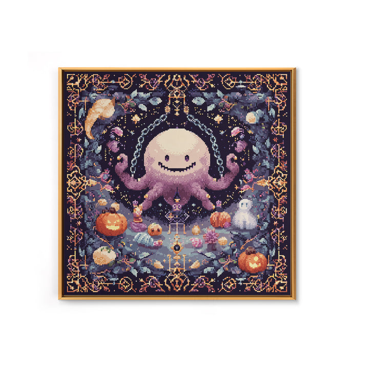 The Moonlit Shoggoth Menagerie, Pixel Halloween Art, Square Wall Art, Canvas Print, Cute Halloween Wall Art