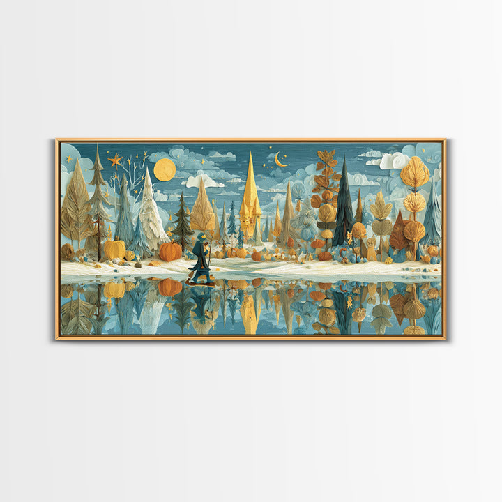 The Frost Beyond Carcosa, Paper Collage Halloween, Wide Panoramic Art, Framed Canvas Print, Cute Halloween Wall Art