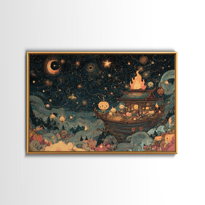 The Candelit Ark Of Forgotten Stars, Kawaii Halloween Art, Landscape Wall Art, Framed Canvas Print, Cute Halloween Wall Art