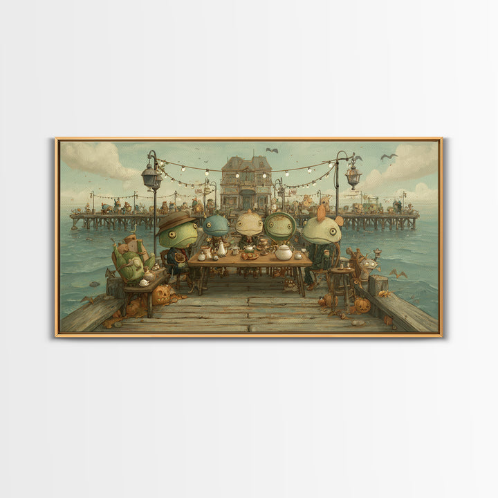 The Tea Party At Innsmouth Pier, Screenprint Halloween Art, Wide Panoramic Art, Framed Canvas Print, Cute Halloween Wall Art
