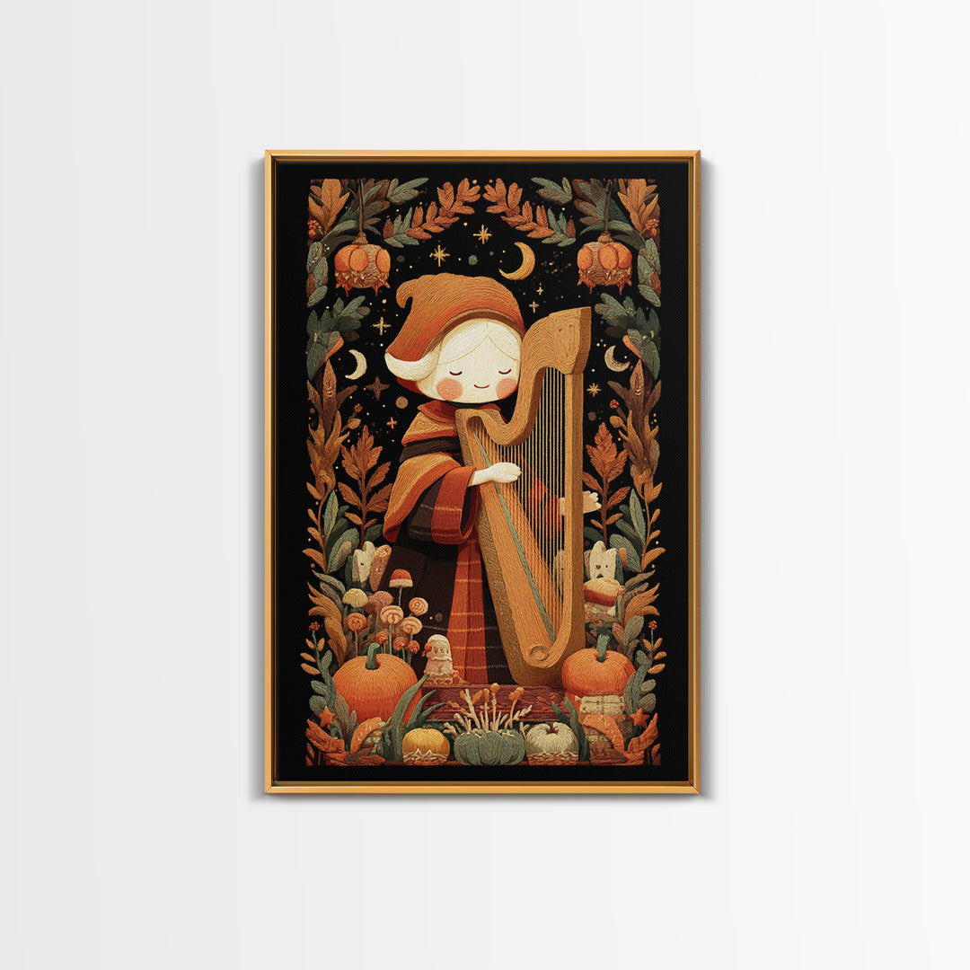 The Harpist Of Abyssal Sleep, Embroidered Halloween Art, Vertical Wall Art, Canvas Print, Cute Halloween Wall Art