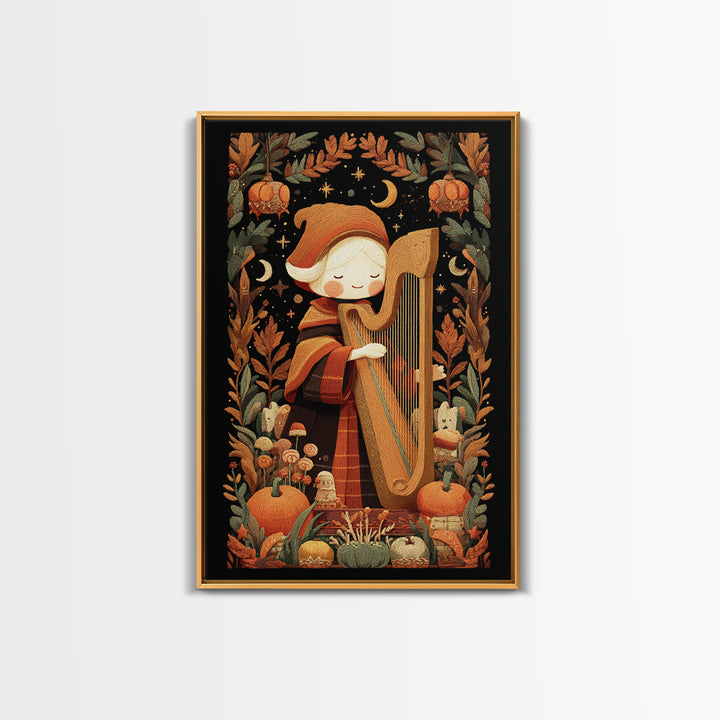 The Harpist Of Abyssal Sleep, Embroidered Halloween Art, Vertical Wall Art, Canvas Print, Cute Halloween Wall Art