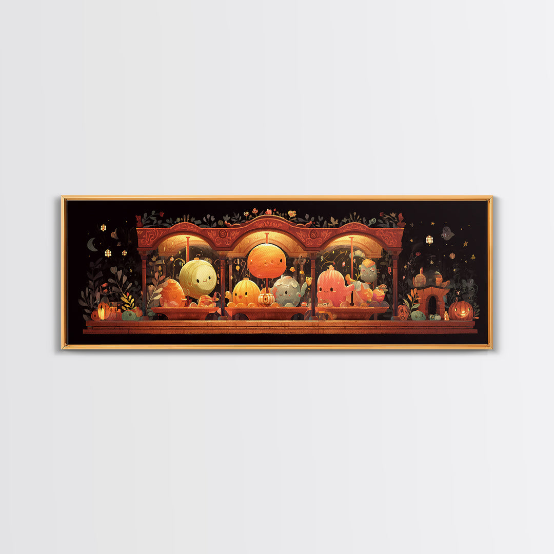 The Carousel Of Sleeping Planets, Pixel Halloween Art, Extra Wide Wall Art, Canvas Print, Cute Halloween Wall Art