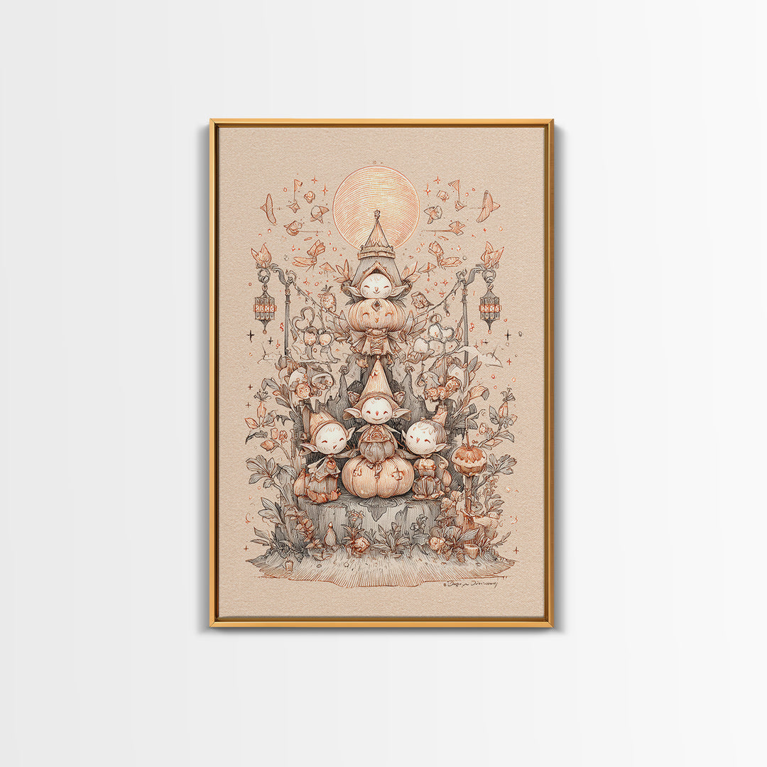 The Festival Of The Little Old Ones, Hand Sketch Halloween Art, Vertical Wall Art, Canvas Print, Cute Halloween Wall Art