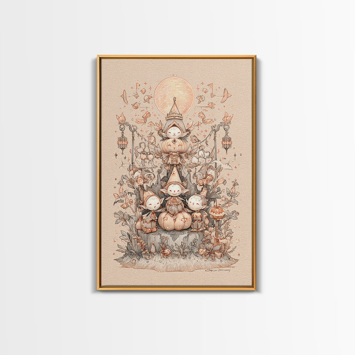The Festival Of The Little Old Ones, Hand Sketch Halloween Art, Vertical Wall Art, Canvas Print, Cute Halloween Wall Art