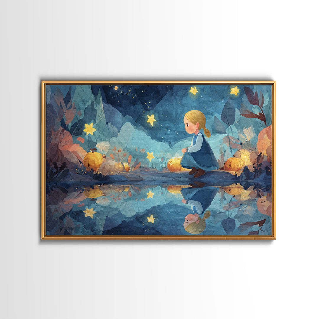 The Mirror Lake Of Lost Constellations, Watercolor Halloween Art, Landscape Wall Art, Framed Canvas Print, Cute Halloween Wall Art