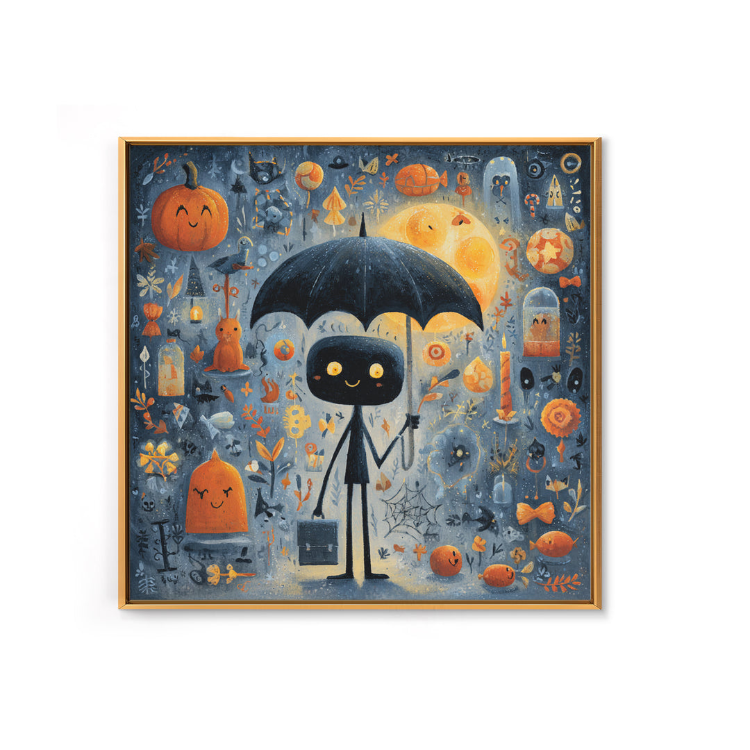 The Umbrella Of The Outer Rain, Gouache Halloween Art, Square Wall Art, Canvas Print, Cute Halloween Wall Art