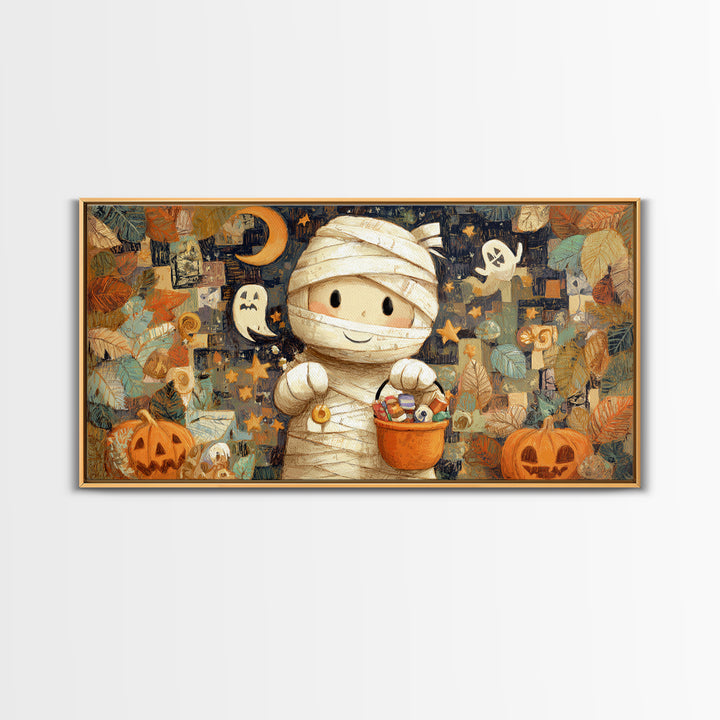 The Shy Little Mummy, Crayon Halloween Art, Wide Panoramic Art, Framed Canvas Print, Cute Halloween Wall Art