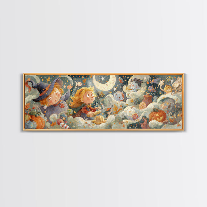 The Cookie Spellcaster, Pastel Halloween Art, Extra Wide Wall Art, Canvas Print, Cute Halloween Wall Art