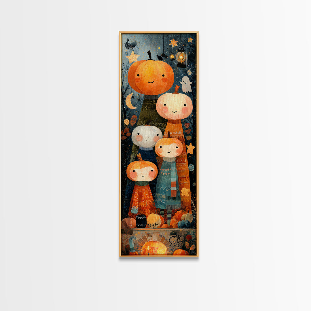 The Pumpkin Family Portrait, Paper Collage Halloween, Tall Narrow Wall Art, Framed Canvas Print, Cute Halloween Wall Art