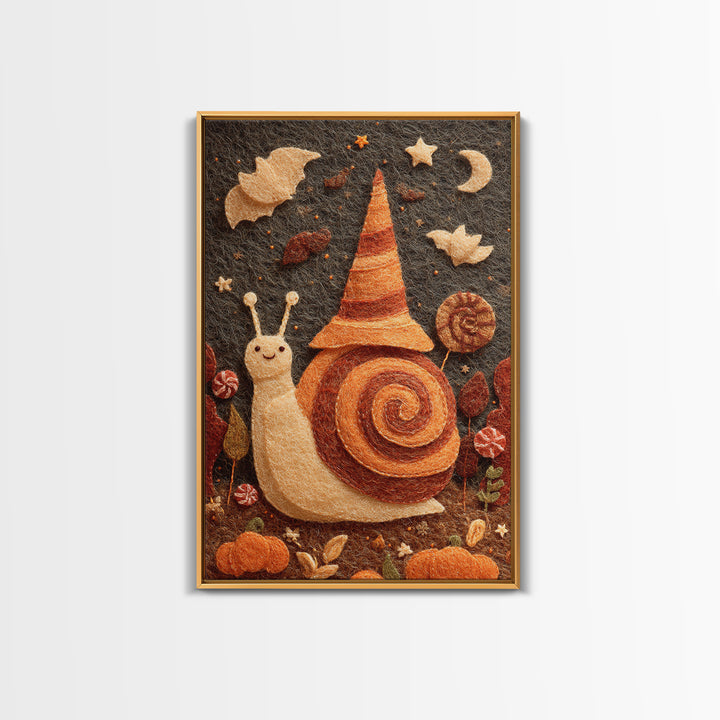 The Cinnamon-Roll Snail Witch, Felt Halloween Art, Vertical Wall Art, Canvas Print, Cute Halloween Wall Art