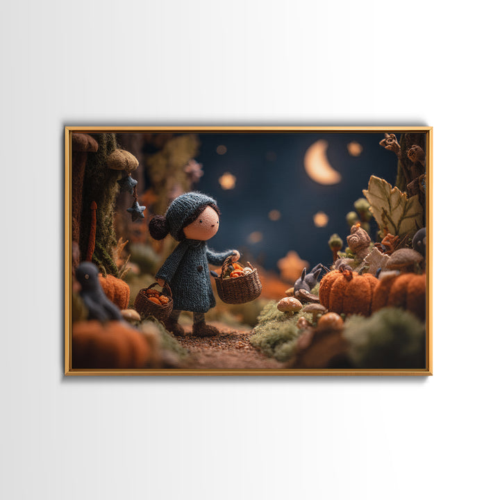 The Moonlit Scavenger Hunt, Clay Halloween Art, Landscape Wall Art, Framed Canvas Print, Cute Halloween Wall Art