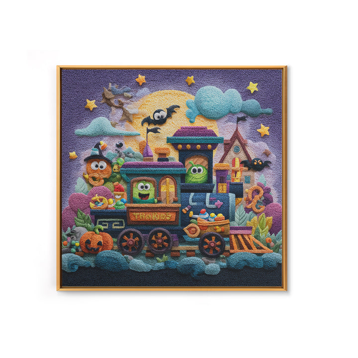 The Trick-Or-Treat Express, Plush Halloween Art, Square Wall Art, Canvas Print, Cute Halloween Wall Art