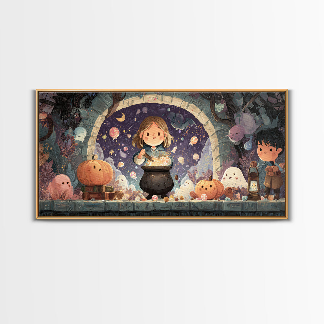 The Dreamwell Beneath Miskatonic, Kawaii Halloween Art, Wide Panoramic Art, Framed Canvas Print, Cute Halloween Wall Art