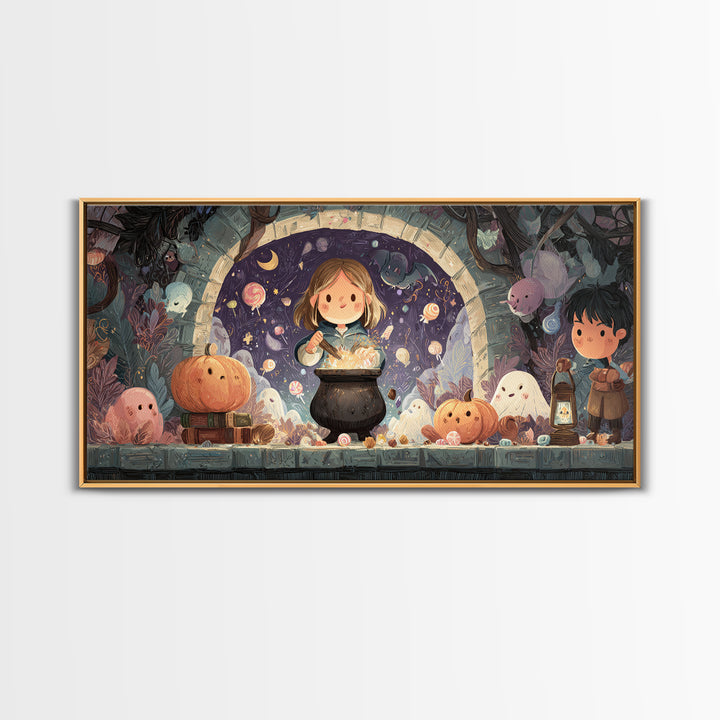 The Dreamwell Beneath Miskatonic, Kawaii Halloween Art, Wide Panoramic Art, Framed Canvas Print, Cute Halloween Wall Art