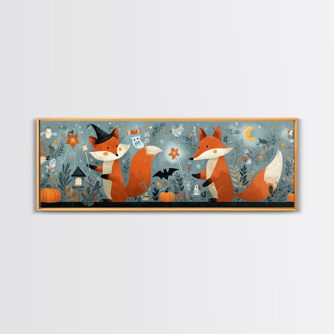The Fox Wizard, Retro Halloween Art, Extra Wide Wall Art, Canvas Print, Cute Halloween Wall Art, Cozy Autumn Kids Decor