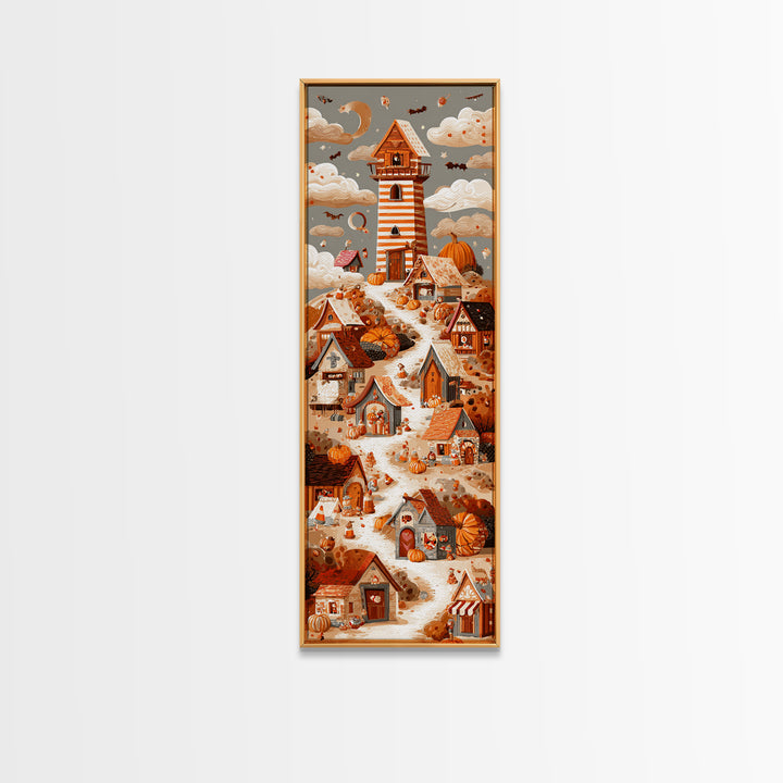 Candy Corn Village, Screenprint Halloween Art, Tall Narrow Wall Art, Framed Canvas Print, Cute Halloween Wall Art