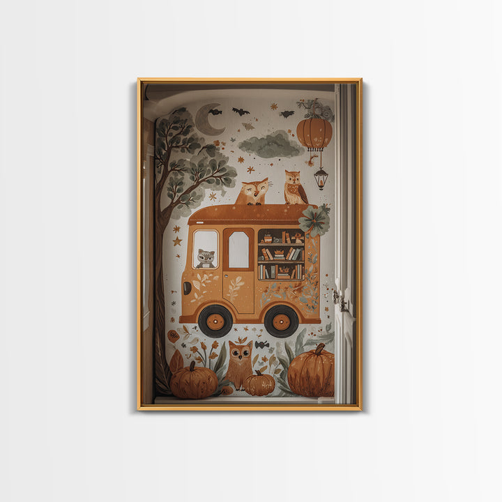 The Pumpkin Bookmobile, Folk Halloween Art, Vertical Wall Art, Canvas Print, Cute Halloween Wall Art