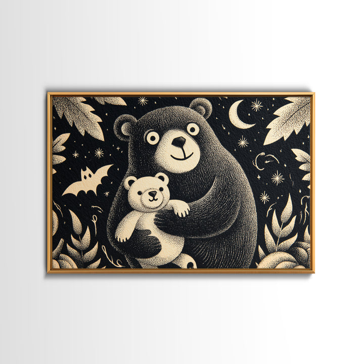 The Three-Eyed Teddy Monster, Linocut Halloween Art, Landscape Wall Art, Framed Canvas Print, Cute Halloween Wall Art