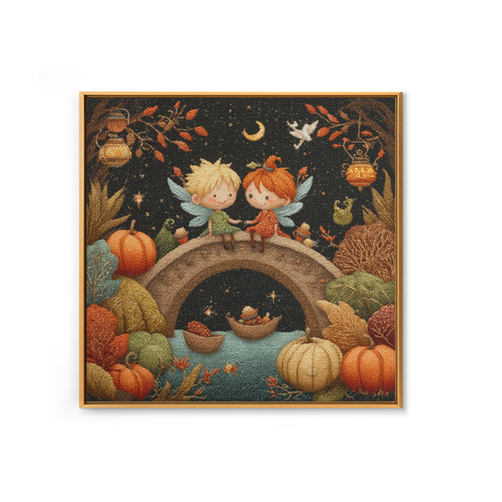 The Autumn Fairy Bridge, Embroidered Halloween Art, Square Wall Art, Canvas Print, Cute Halloween Wall Art