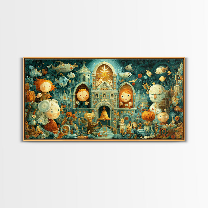 The Bellringer Of The Sunken Cathedral, Quilled Halloween Art, Wide Panoramic Art, Framed Canvas Print, Cute Halloween Wall Art