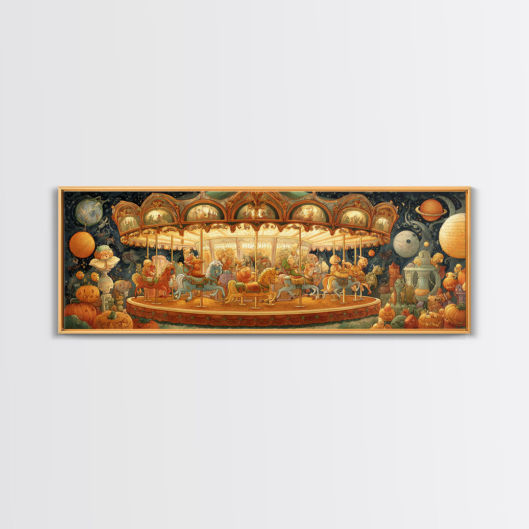 The Carousel Of Sleeping Planets, Stained Glass Halloween, Extra Wide Wall Art, Canvas Print, Cute Halloween Wall Art