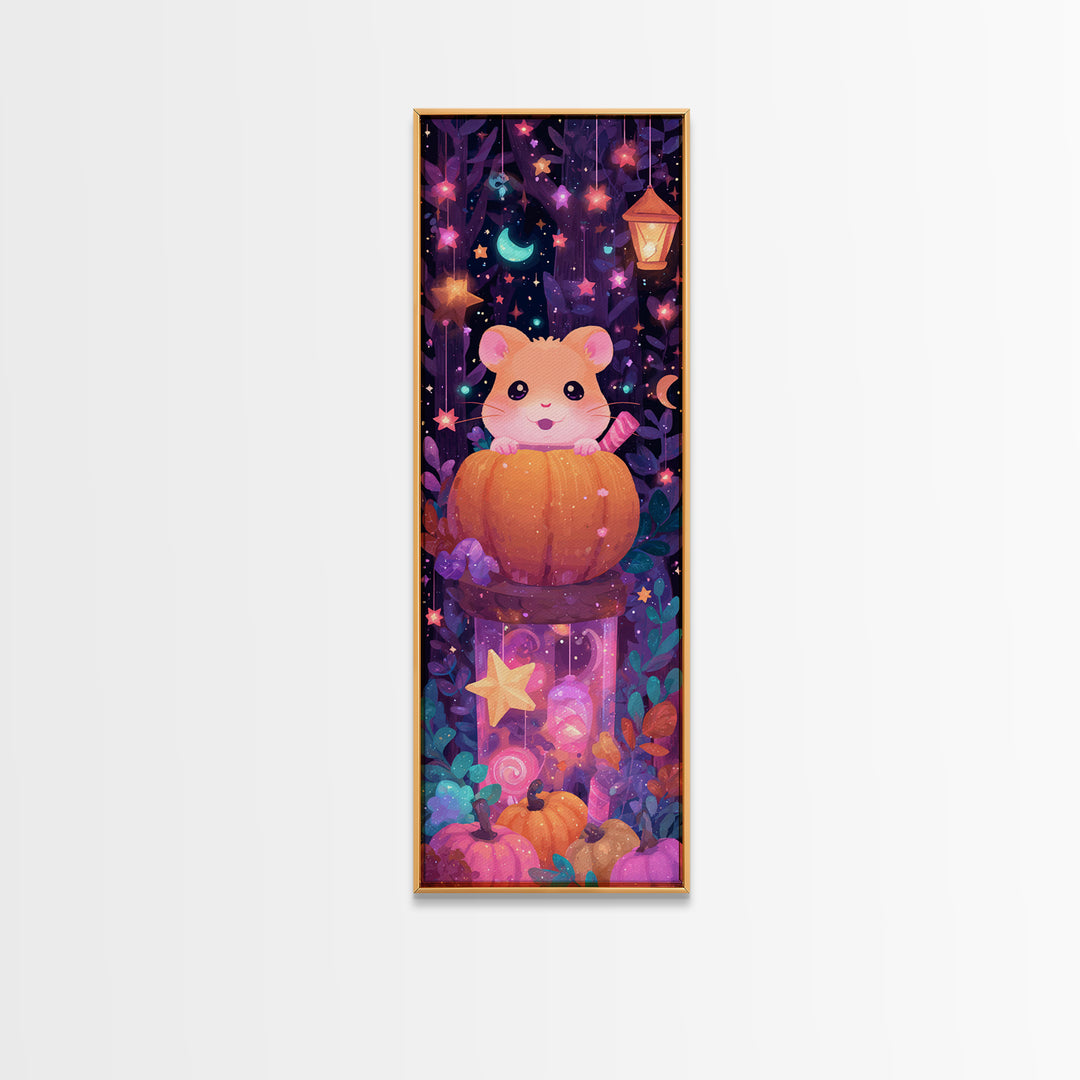 The Pumpkin Hamster, Vaporwave Halloween Art, Tall Narrow Wall Art, Framed Canvas Print, Cute Halloween Wall Art