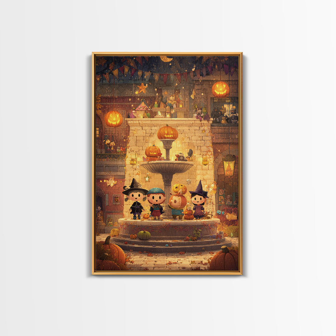 The Trick-Or-Treat Village Square, Pixel Halloween Art, Vertical Wall Art, Canvas Print, Cute Halloween Wall Art
