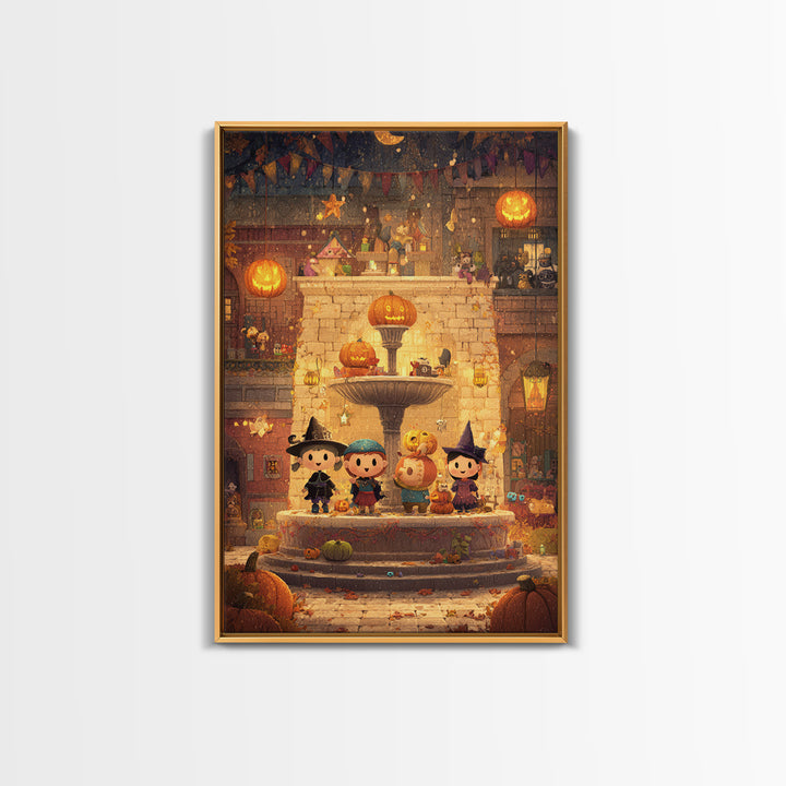 The Trick-Or-Treat Village Square, Pixel Halloween Art, Vertical Wall Art, Canvas Print, Cute Halloween Wall Art