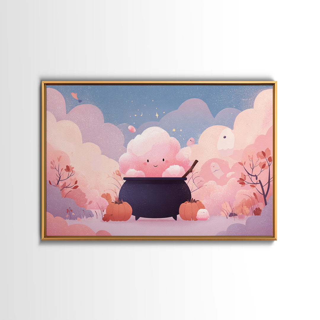 The Cotton-Candy Cauldron, Vector Halloween Art, Landscape Wall Art, Framed Canvas Print, Cute Halloween Wall Art