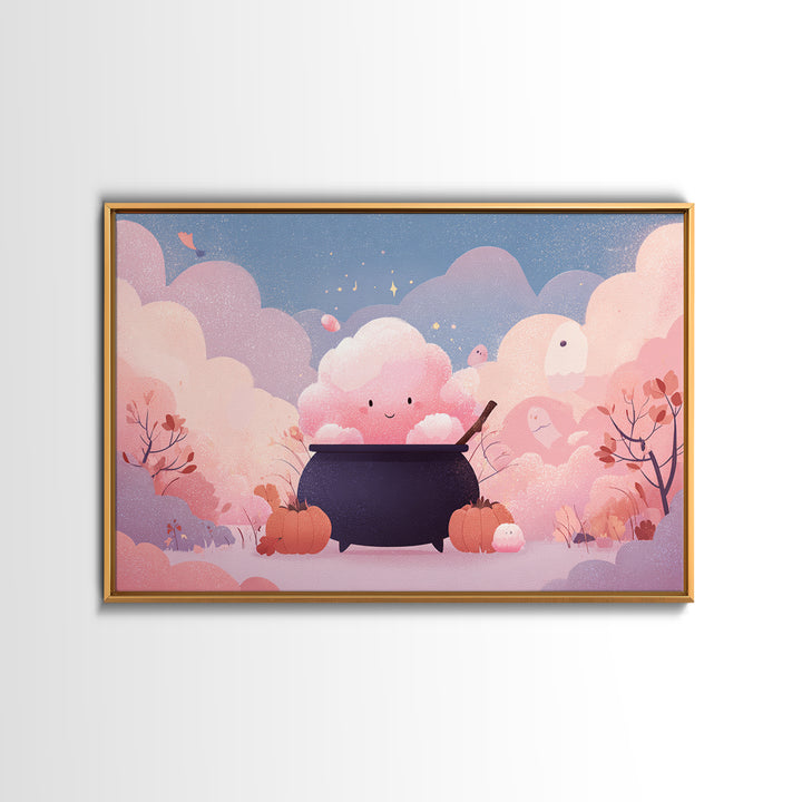 The Cotton-Candy Cauldron, Vector Halloween Art, Landscape Wall Art, Framed Canvas Print, Cute Halloween Wall Art