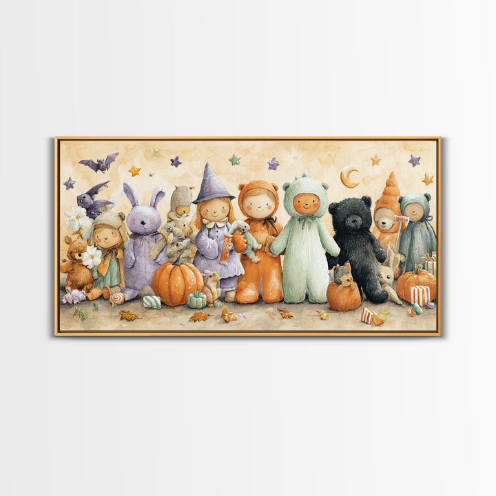 The Halloween Toy Kingdom, Watercolor Halloween Art, Wide Panoramic Art, Framed Canvas Print, Cute Halloween Wall Art