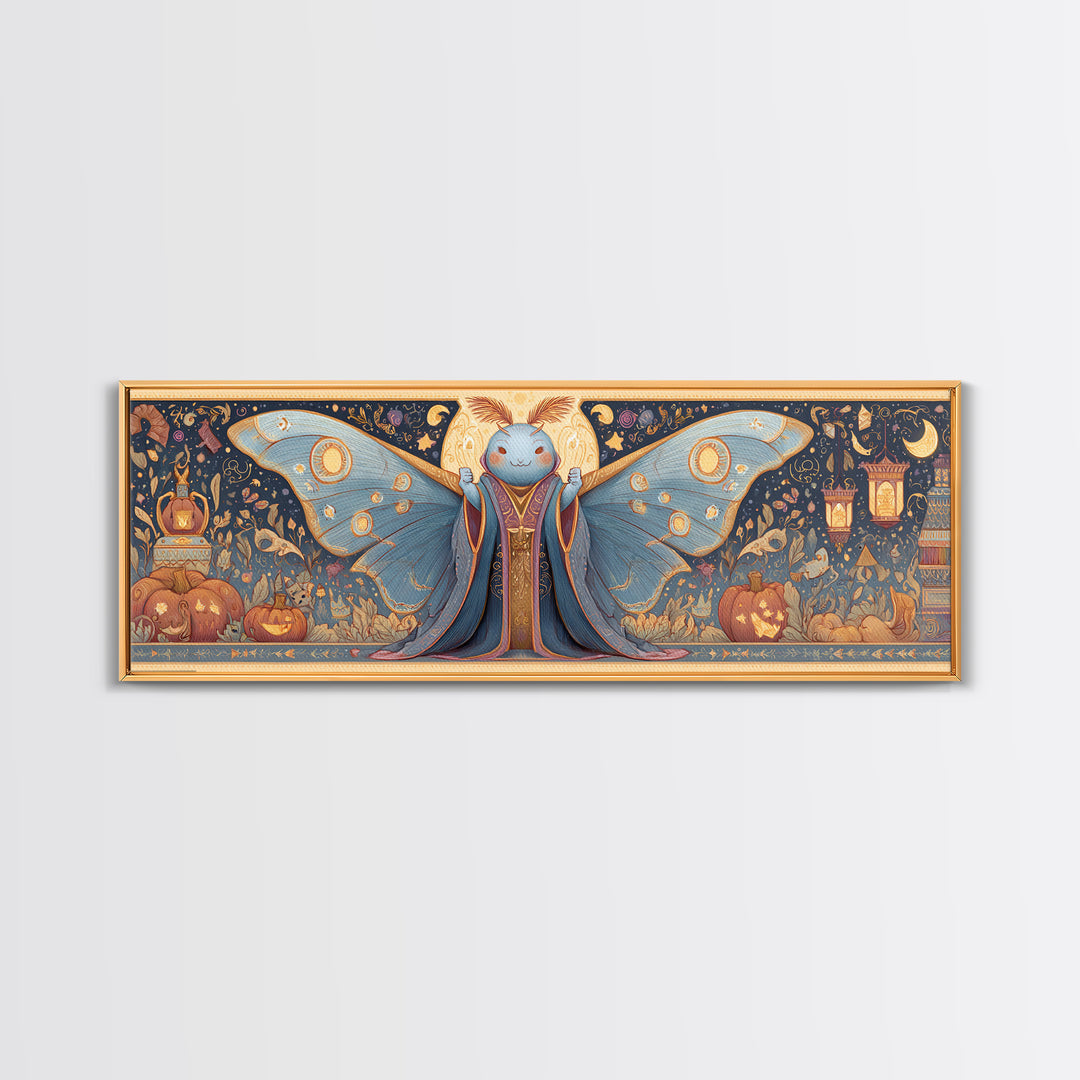 The Moth Prophet Of Kadath, Gouache Halloween Art, Extra Wide Wall Art, Canvas Print, Cute Halloween Wall Art