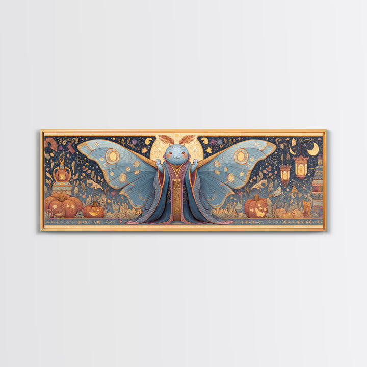 The Moth Prophet Of Kadath, Gouache Halloween Art, Extra Wide Wall Art, Canvas Print, Cute Halloween Wall Art