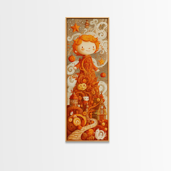 The Autumn Leaf Sprite, Crayon Halloween Art, Tall Narrow Wall Art, Framed Canvas Print, Cute Halloween Wall Art