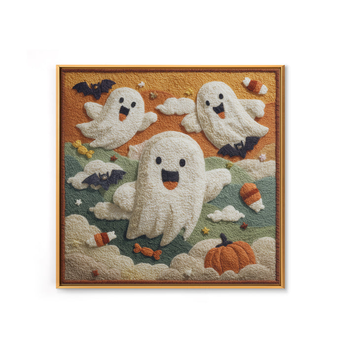 The Ghost Kite Festival, Felt Halloween Art, Square Wall Art, Canvas Print, Cute Halloween Wall Art, Halloween Kids Decor
