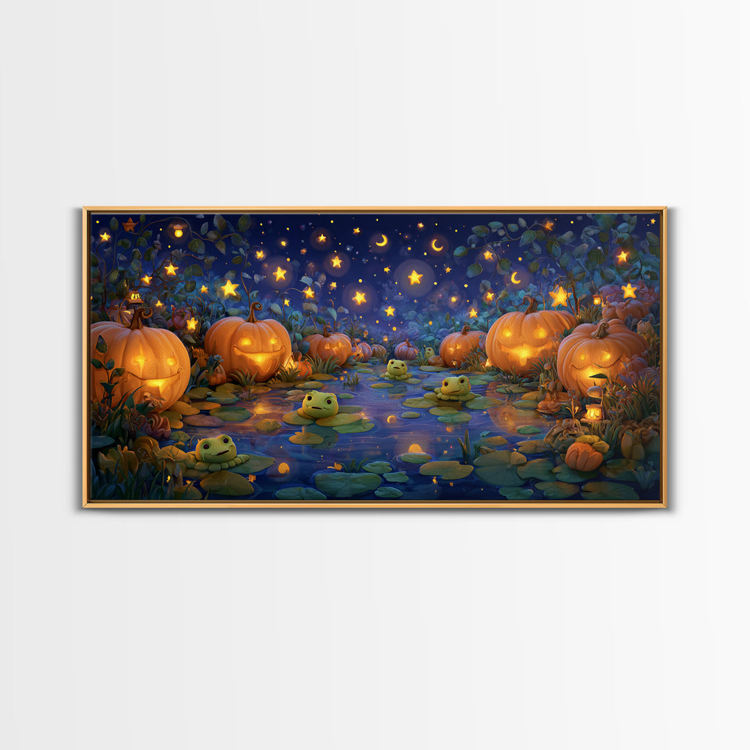 The Star-Filled Pumpkin Pond, Clay Halloween Art, Wide Panoramic Art, Framed Canvas Print, Cute Halloween Wall Art