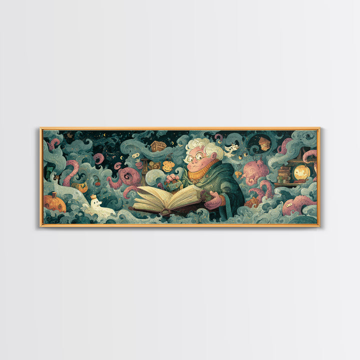The Librarian Of Forbidden Tides, Plush Halloween Art, Extra Wide Wall Art, Canvas Print, Cute Halloween Wall Art