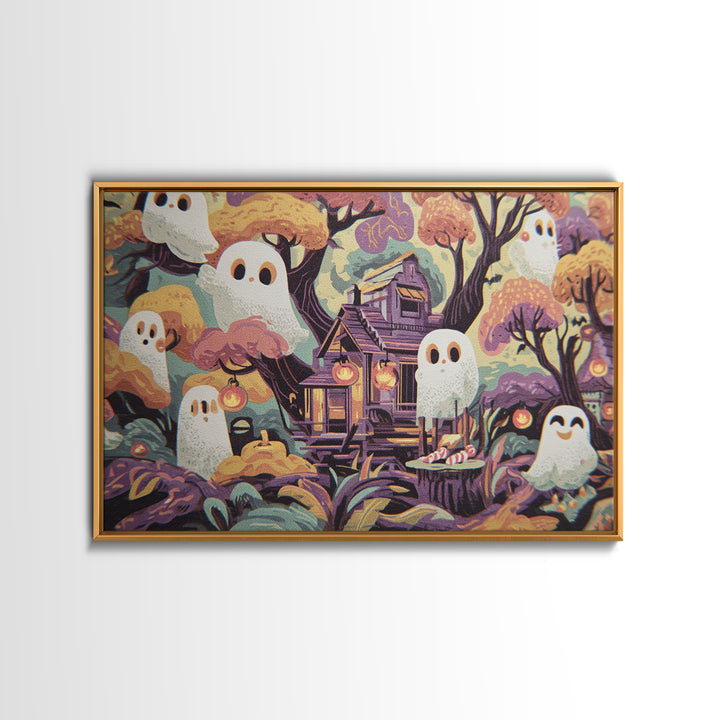 The Ghostly Treehouse, Screenprint Halloween Art, Landscape Wall Art, Framed Canvas Print, Cute Halloween Wall Art