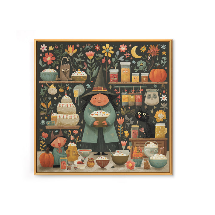 The Candy Witch'S Kitchen, Folk Halloween Art, Square Wall Art, Canvas Print, Cute Halloween Wall Art