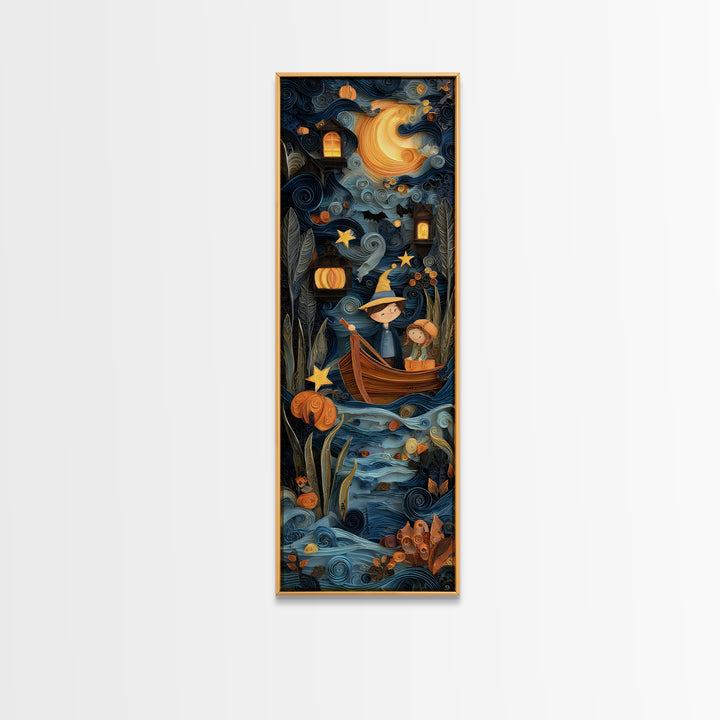 The Ferryman Of The Outer Marsh, Quilled Halloween Art, Tall Narrow Wall Art, Framed Canvas Print, Cute Halloween Wall Art