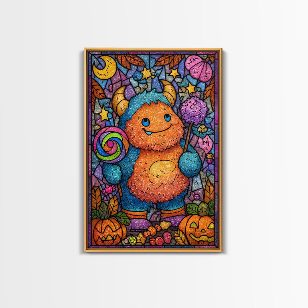 The Rainbow Monster, Stained Glass Halloween, Vertical Wall Art, Canvas Print, Cute Halloween Wall Art
