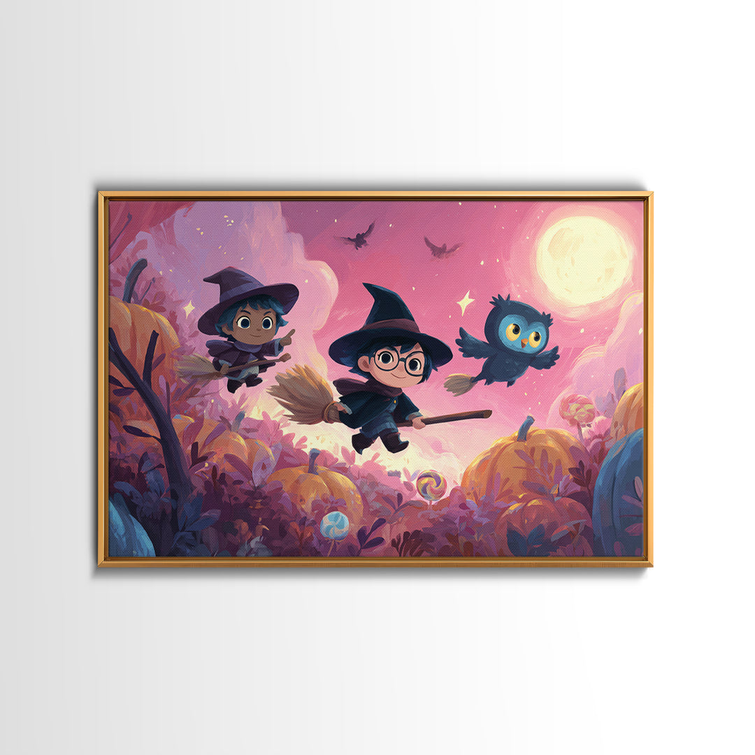 The Broomstick Riding Lesson, Vaporwave Halloween Art, Landscape Wall Art, Framed Canvas Print, Cute Halloween Wall Art