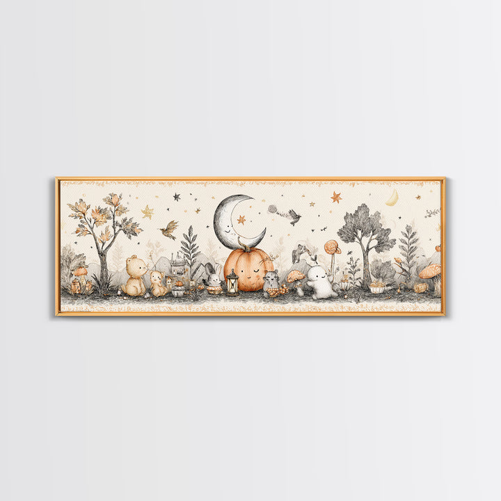 The Smiling Moon Meadow, Hand Sketch Halloween Art, Extra Wide Wall Art, Canvas Print, Cute Halloween Wall Art