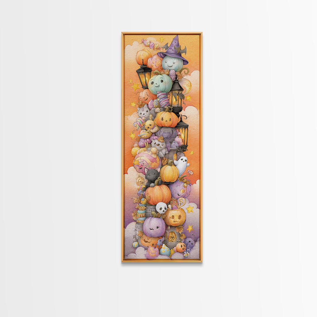 The Festival Of Friendly Frights, Watercolor Halloween Art, Tall Narrow Wall Art, Framed Canvas Print, Cute Halloween Wall Art