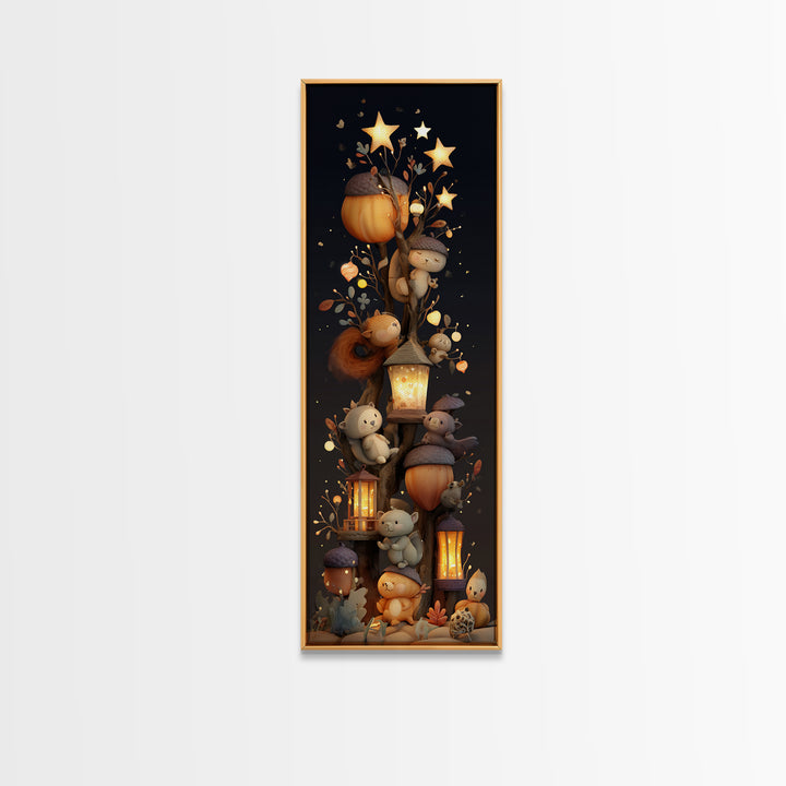 The Acorn Lantern Festival, Clay Halloween Art, Tall Narrow Wall Art, Framed Canvas Print, Cute Halloween Wall Art