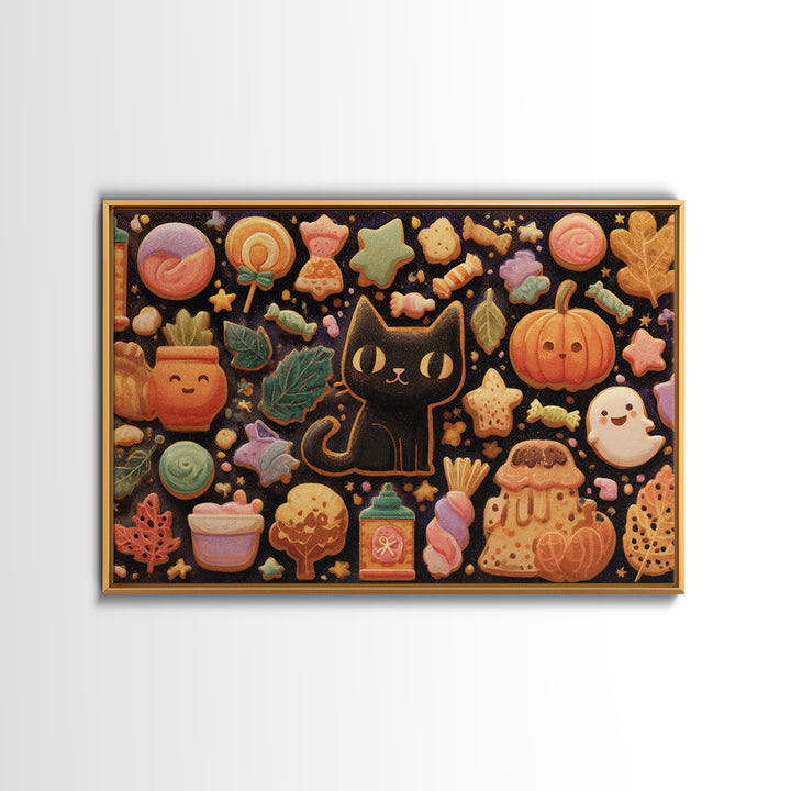 The Black Cat Baker, Kawaii Halloween Art, Landscape Wall Art, Framed Canvas Print, Cute Halloween Wall Art