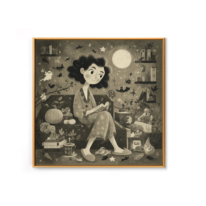 The Moonlight Pajama Witch, Retro Halloween Art, Square Wall Art, Canvas Print, Cute Halloween Wall Art