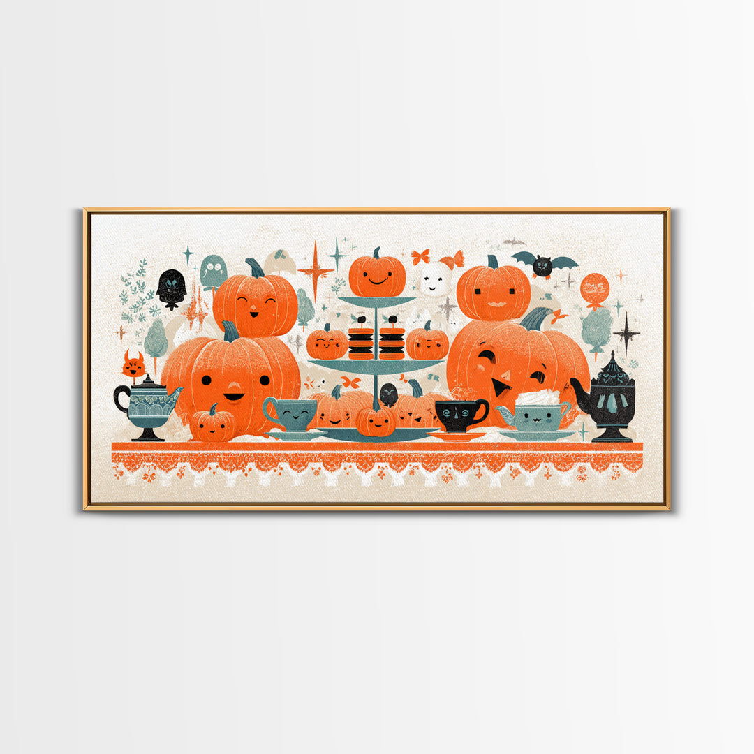 The Pumpkin Tea Party, Screenprint Halloween Art, Wide Panoramic Art, Framed Canvas Print, Cute Halloween Wall Art